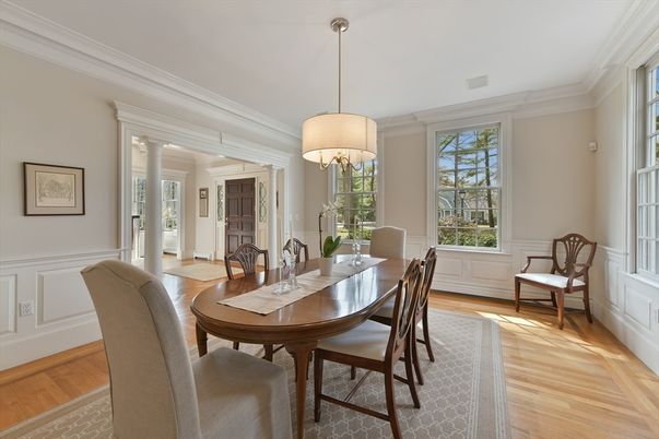 Dining room, Interior, Pendant Lights, Wood Texture Flooring