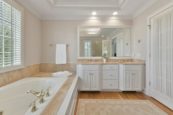Bathroom, Dual Sink Vanities, Interior, Recessed Lighting, Wood Texture Flooring