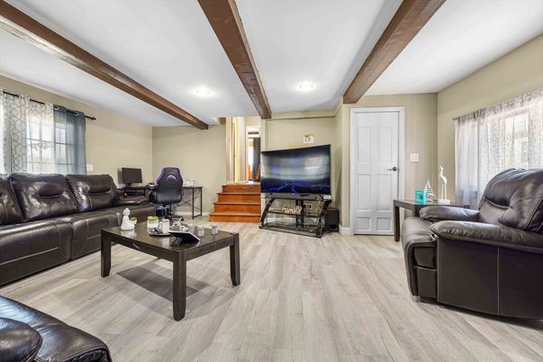 Interior, Living room, Recessed Lighting, Wooden Beams, Wood Texture Flooring