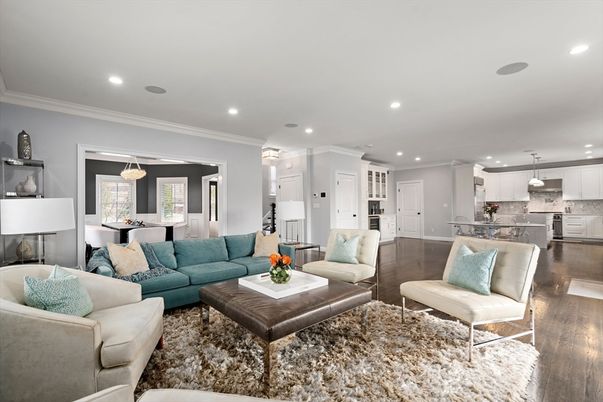 Dining room, Interior, Kitchen, Living room, Pendant Lights, Recessed Lighting, Stainless Steel Appliances, Wood Texture Flooring