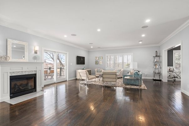 Fireplace, Interior, Living room, Recessed Lighting, Wood Texture Flooring