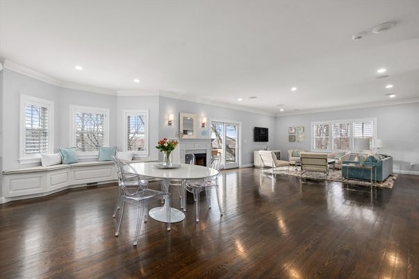 Dining room, Fireplace, Interior, Living room, Recessed Lighting, Wood Texture Flooring