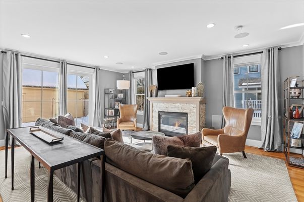 Fireplace, Interior, Living room, Recessed Lighting, Wood Texture Flooring