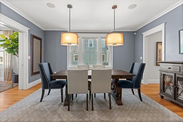 Dining room, Interior, Pendant Lights, Wood Texture Flooring