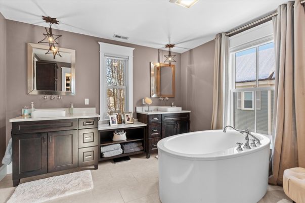 Bathroom, Dual Sink Vanities, Free Standing Baths, Interior, Pendant Lights
