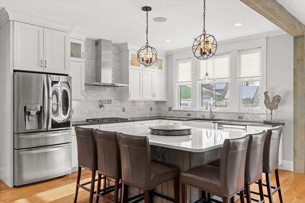 Chandelier, Interior, Kitchen, Pendant Lights, Recessed Lighting, Stainless Steel Appliances, Wood Texture Flooring