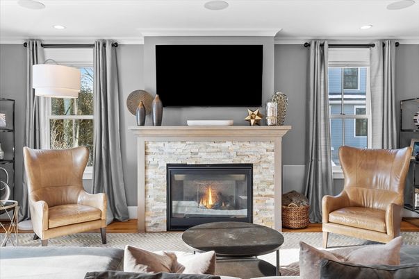Fireplace, Interior, Living room, Recessed Lighting, Wood Texture Flooring