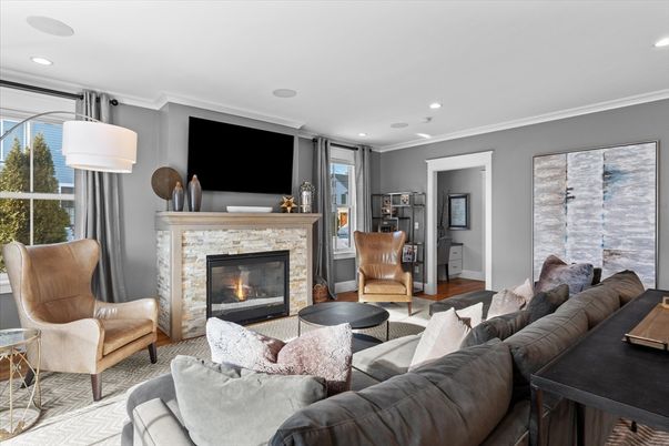 Fireplace, Interior, Living room, Recessed Lighting, Wood Texture Flooring