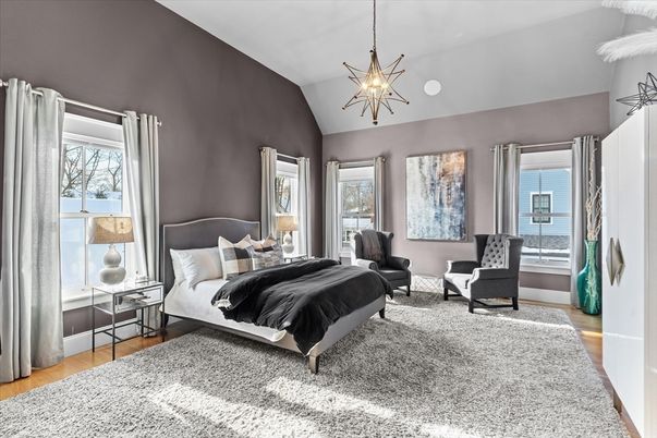 Bedroom, Interior, Pendant Lights, Wood Texture Flooring