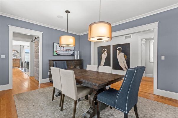 Dining room, Interior, Pendant Lights, Wood Texture Flooring