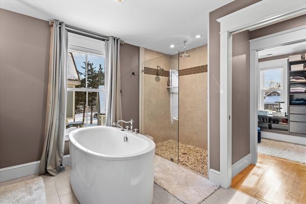 Bathroom, Free Standing Baths, Glass Shower, Interior, Recessed Lighting, Wood Texture Flooring