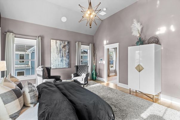 Bedroom, Interior, Pendant Lights, Wood Texture Flooring