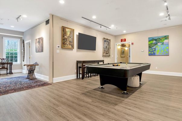 Billiard Table, Game Room, Interior, Recessed Lighting, Wood Texture Flooring