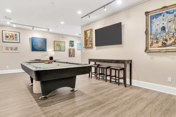 Billiard Table, Game Room, Interior, Recessed Lighting, Wood Texture Flooring
