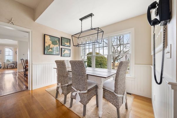 Dining room, Interior, Pendant Lights, Wood Texture Flooring