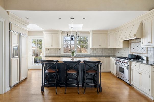 Chandelier, Interior, Kitchen, Pendant Lights, Recessed Lighting, Stainless Steel Appliances, Wood Texture Flooring