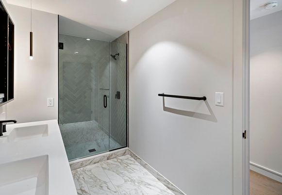 Bathroom, Glass Shower, Interior, Marble, Recessed Lighting