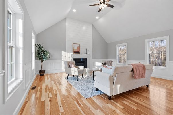Fireplace, Interior, Living room, Recessed Lighting, Wood Texture Flooring