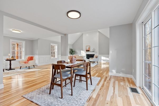Dining room, Fireplace, Interior, Living room, Wood Texture Flooring