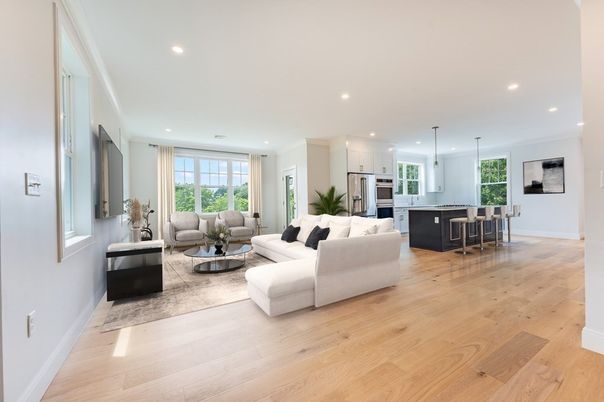 Dining room, Interior, Kitchen, Living room, Pendant Lights, Recessed Lighting, Stainless Steel Appliances, Wood Texture Flooring