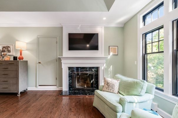 Fireplace, Interior, Recessed Lighting, Wood Texture Flooring