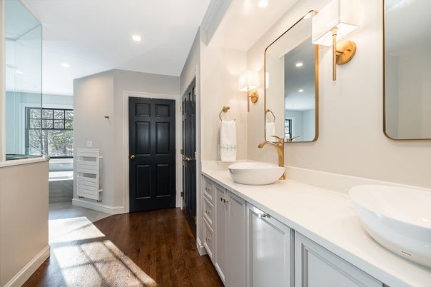 Bathroom, Dual Sink Vanities, Interior, Recessed Lighting, Wood Texture Flooring