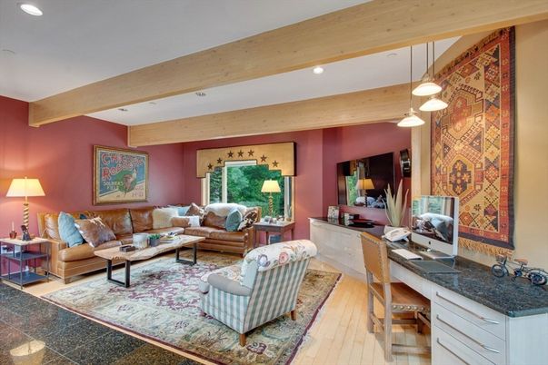 Interior, Living room, Pendant Lights, Recessed Lighting, Wooden Beams, Wood Texture Flooring