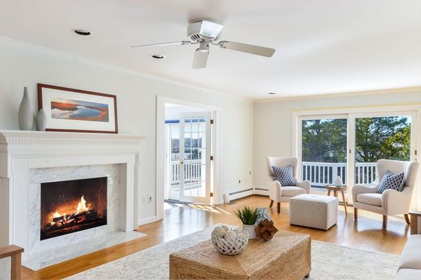 Fireplace, Interior, Living room, Recessed Lighting, Wood Texture Flooring
