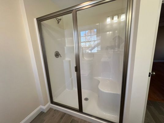 Bathroom, Glass Shower, Interior, Wood Texture Flooring