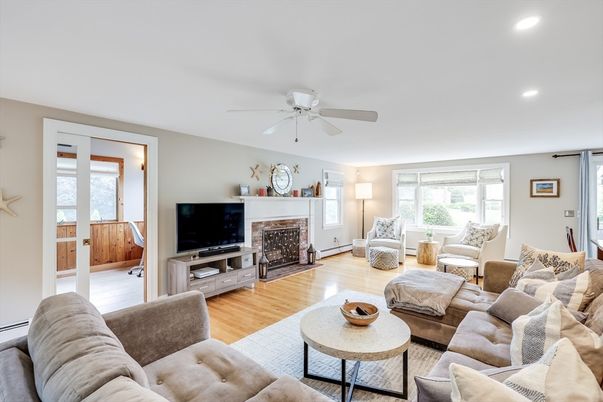 Fireplace, Interior, Living room, Recessed Lighting, Wood Texture Flooring