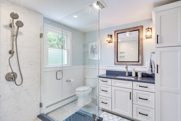 Bathroom, Glass Shower, Interior, Marble Walls, Recessed Lighting