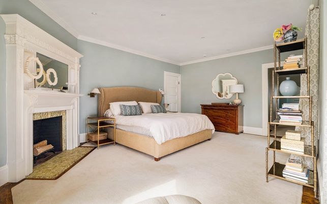Bedroom, Fireplace, Interior, Recessed Lighting, Wood Texture Flooring