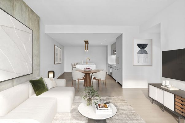 Dining room, Interior, Kitchen, Living room, Recessed Lighting, Wood Texture Flooring