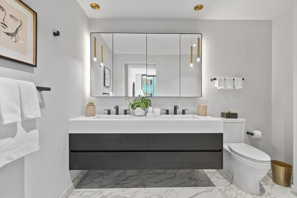 Bathroom, Dual Sink Vanities, Interior, Marble, Pendant Lights