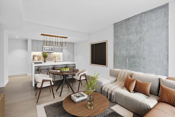 Dining room, Interior, Living room, Pendant Lights, Recessed Lighting, Wood Texture Flooring
