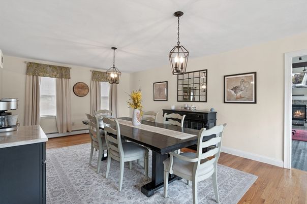 Dining room, Fireplace, Interior, Pendant Lights, Wood Texture Flooring