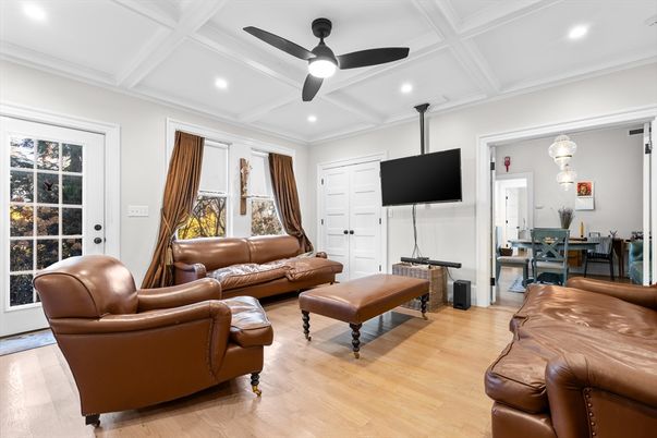 Dining room, Interior, Living room, Recessed Lighting, Wood Texture Flooring