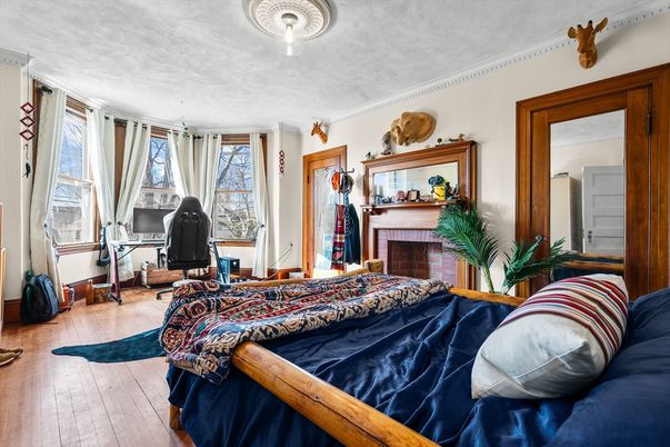 Bedroom, Fireplace, Home Office, Interior, Wood Texture Flooring