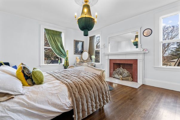 Bedroom, Fireplace, Interior, Wood Texture Flooring