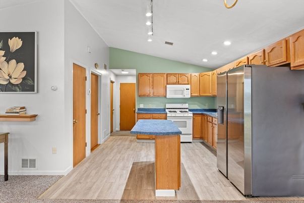 Interior, Kitchen, Recessed Lighting, Stainless Steel Appliances, Wood Texture Flooring