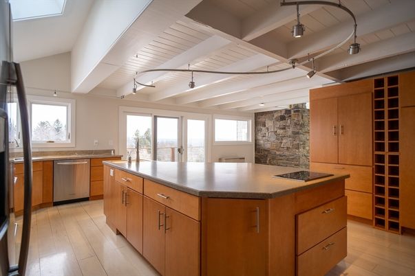 Interior, Kitchen, Stainless Steel Appliances, Stone Walls, Wood Texture Flooring