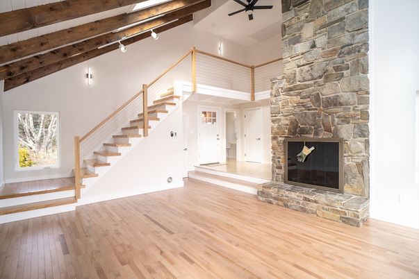 Empty room, Fireplace, Interior, Stone Walls, Wooden Beams, Wood Texture Flooring