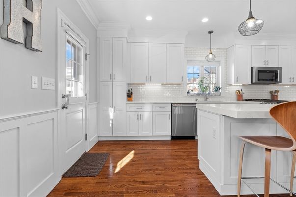 Interior, Kitchen, Pendant Lights, Recessed Lighting, Stainless Steel Appliances, Wood Texture Flooring