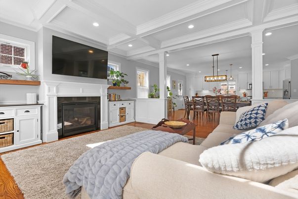 Dining room, Fireplace, Interior, Kitchen, Living room, Pendant Lights, Recessed Lighting, Wood Texture Flooring