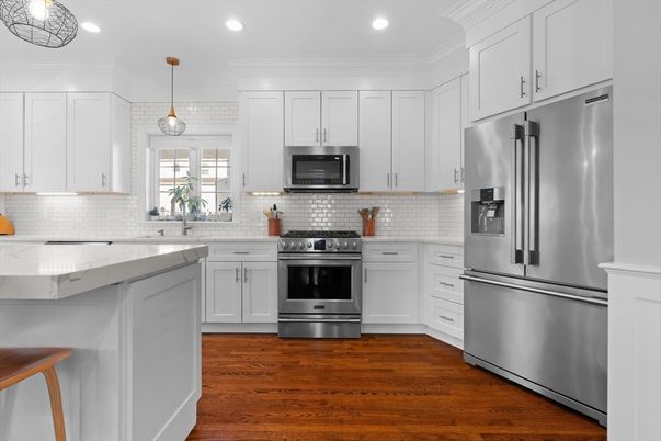 Interior, Kitchen, Pendant Lights, Recessed Lighting, Stainless Steel Appliances, Wood Texture Flooring
