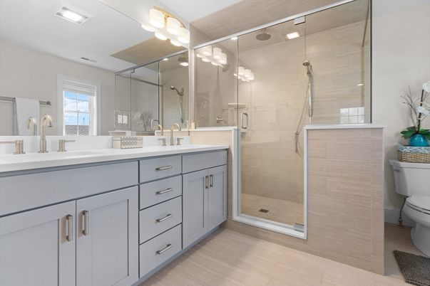 Bathroom, Dual Sink Vanities, Glass Shower, Interior, Wood Texture Flooring