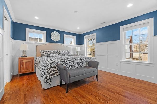 Bedroom, Interior, Recessed Lighting, Wood Texture Flooring