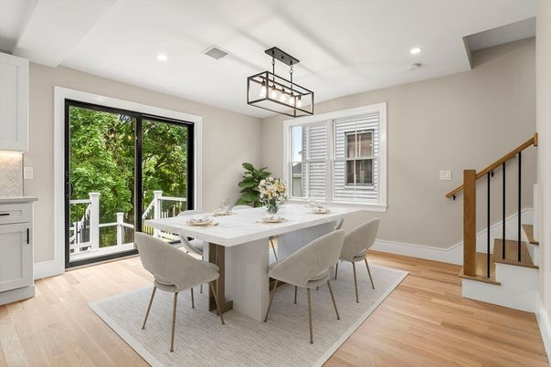 Dining room, Interior, Pendant Lights, Recessed Lighting, Wood Texture Flooring