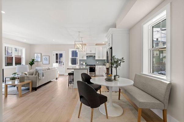 Chandelier, Dining room, Interior, Kitchen, Living room, Pendant Lights, Recessed Lighting, Stainless Steel Appliances, Wood Texture Flooring