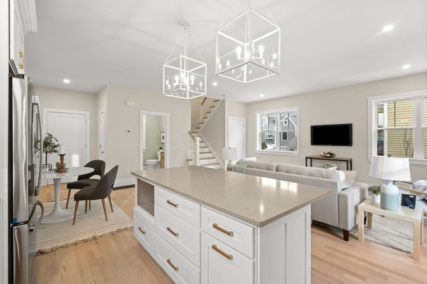 Dining room, Interior, Living room, Pendant Lights, Recessed Lighting, Wood Texture Flooring